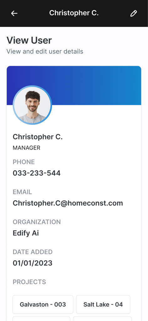 Safety Mojo AI app screen displaying a manager profile with contact information and assigned projects