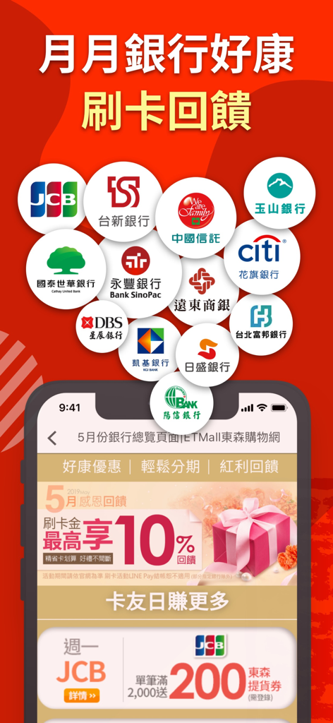 ETMall app screen displaying monthly credit card cashback offers and participating bank logos.