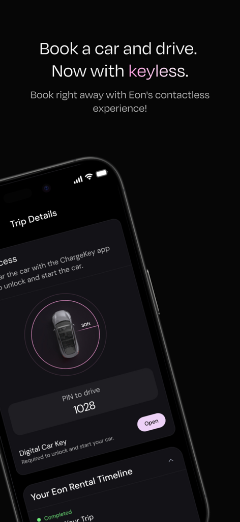 Eon: Electric Car Rentals - Eon app interface displaying a digital car key and PIN for a contactless electric car rental.