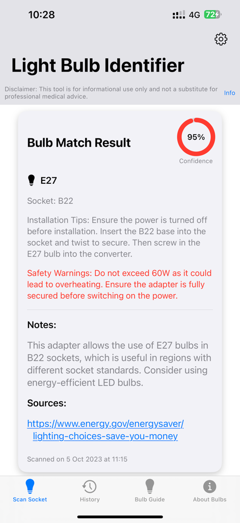 Light Bulb & Lamp Identifier - A mobile app screenshot showing a light bulb identification result for an E27 bulb with ninety five percent confidence