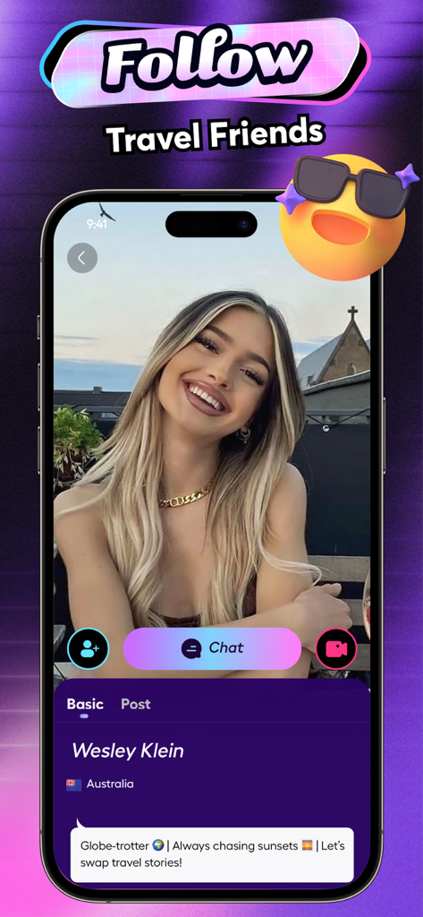 Una pantalla de la aplicación móvil de Terol que muestra un perfil de usuario para seguir amigos de viajes e iniciar un chat de video