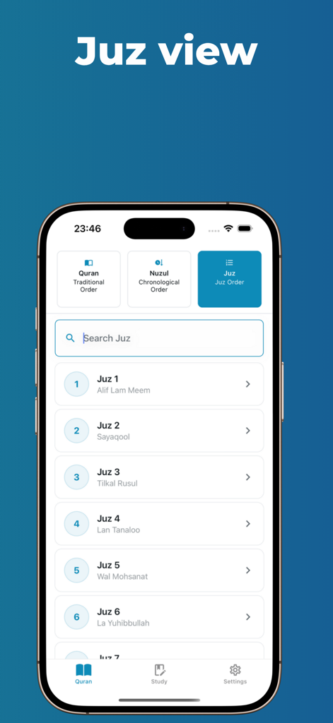Holy Qur’an: Read - Juz view interface of the Holy Quran Read app showing a list of Juz sections
