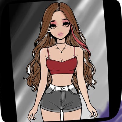 a realistic girl with long hair and in a crop top and shprts