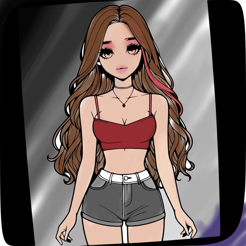 a realistic girl with long hair and in a crop top and shprts