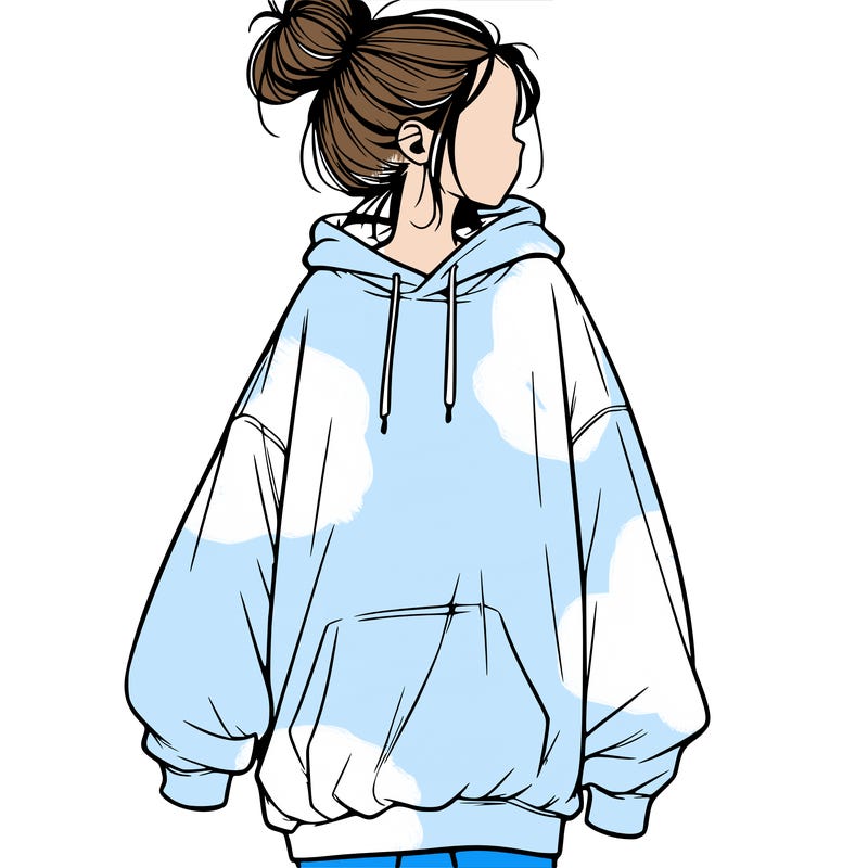 realistic girl with a oversized sweatshirt on and a bun