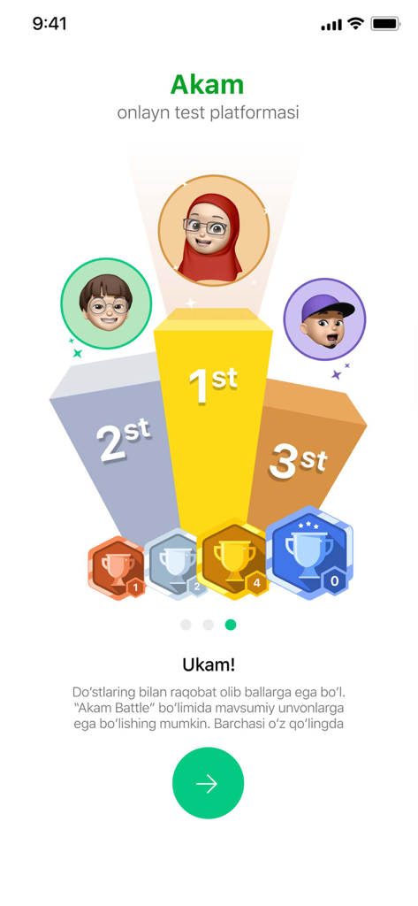 Akam - Onlayn testlar - Competition ranking screen in the Akam educational app showing top three students on a podium.