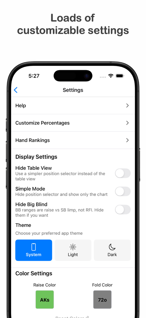 Poker Range Calculator - Settings screen of the Poker Range Calculator app displaying theme and color customization options