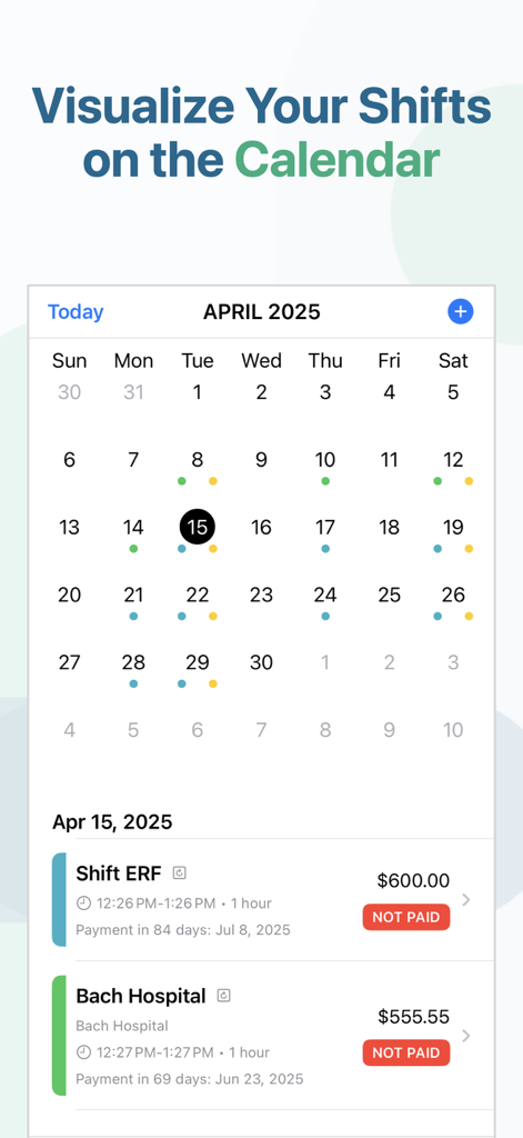 Calendario de la aplicación Little Shift que muestra turnos de trabajo médicos codificados por colores y detalles de ganancias obtenidas