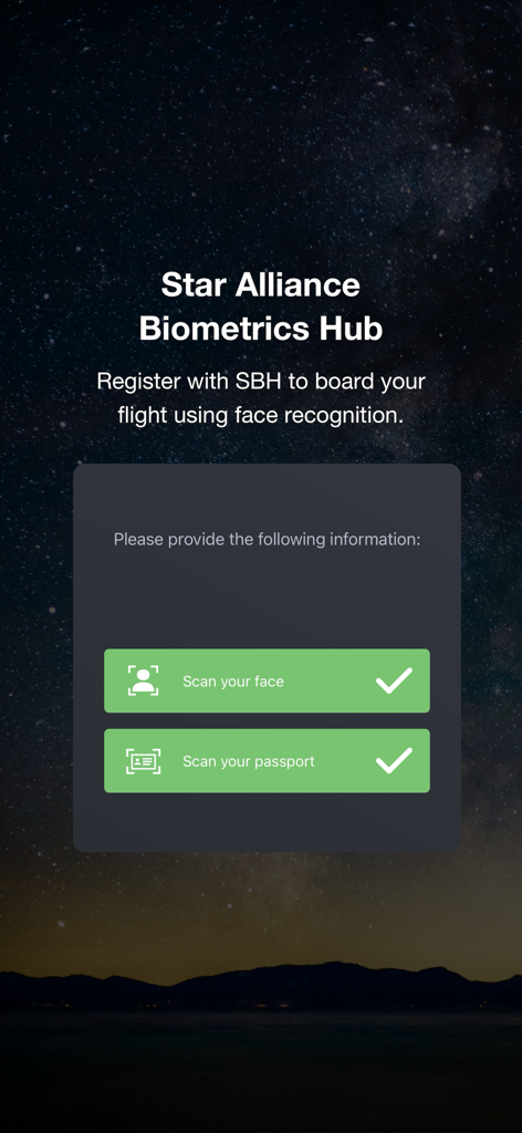 Schermata di registrazione di Star Alliance Biometrics Hub per la scansione di volto e passaporto