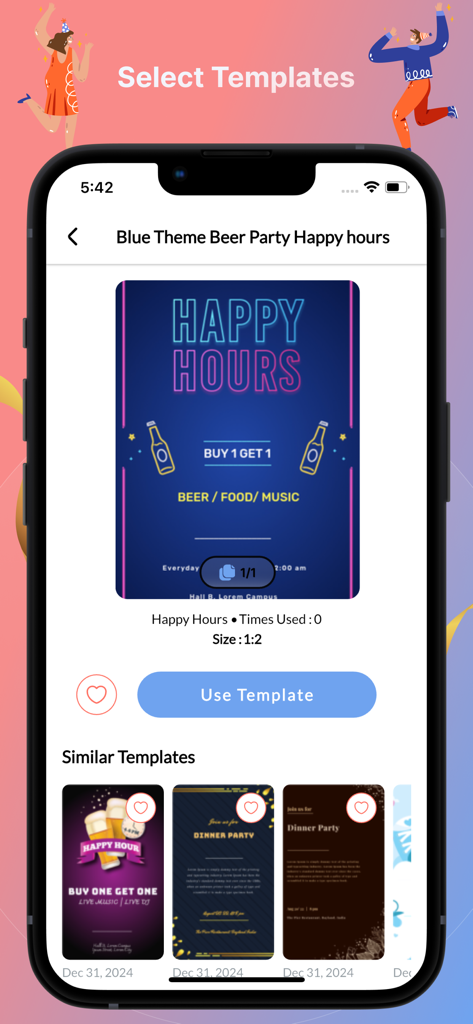 Invitation Design & Card Maker - A mobile screen showing a blue neon beer party invitation template in the CardGenie app with a list of similar designs below.