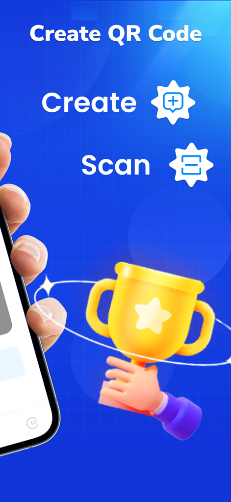 AI QR Code app interface featuring options to Create and Scan with a golden trophy icon