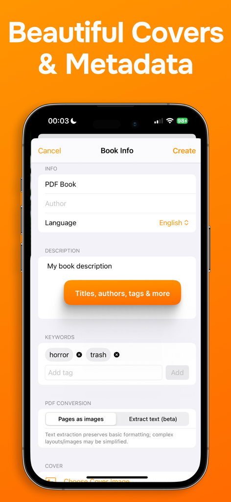 EPUB Makerアプリのモバイルインターフェース。書籍のタイトル、著者、言語、キーワード、PDF変換設定のメタデータエディタが表示されます。