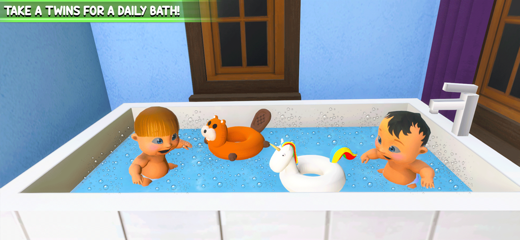 Twin Baby Game Simulator 3D - Dois bebês gêmeos em uma banheira com brinquedos infláveis em um jogo de simulação 3D