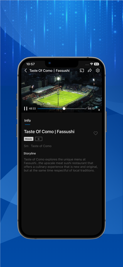 Como TV - App mobile Como TV che mostra un lettore video con vista stadio e informazioni per la serie Taste of Como.