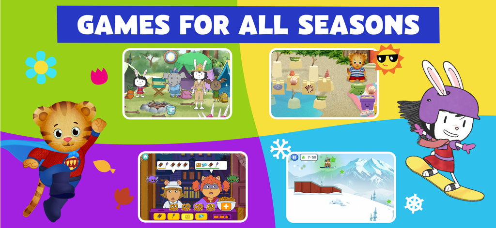 PBS KIDS Games app showing seasonal educational activities with Daniel Tiger and friends.