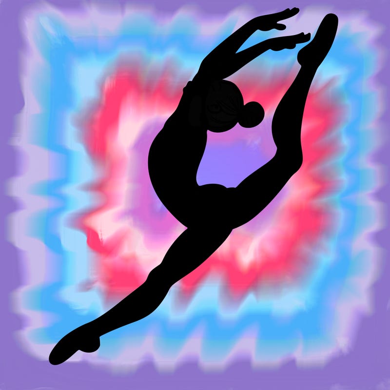 gymnast doing a leap in a leotard with a bent back leg
