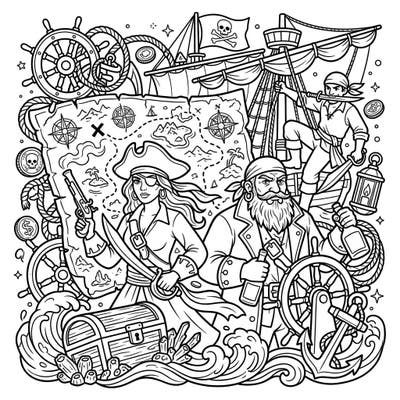 Unleash your inner adventurer with this epic Pirates & Buccaneers coloring page, featuring daring pirates, a treasure map, and a majestic ship. Dive into a world of high seas and hidden gold as you bring this detailed scene to life with your favorite colors.