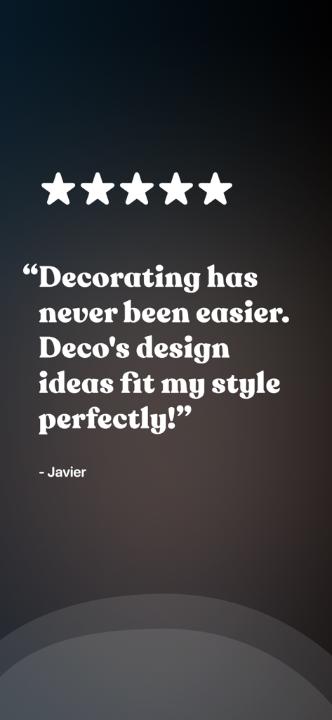 Al Interior Design - Deco - Javier의 5성급 사용자 리뷰로 Deco AI 디자인 아이디어로 장식이 그 어느 때보다 쉬워졌다고 명시합니다.