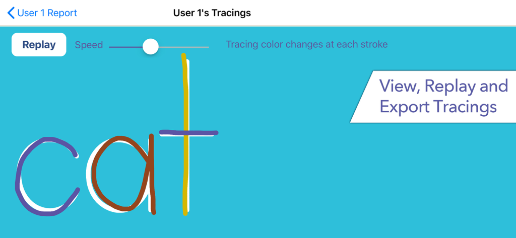 Interface for replaying and exporting student handwriting tracings in Writing Wizard.