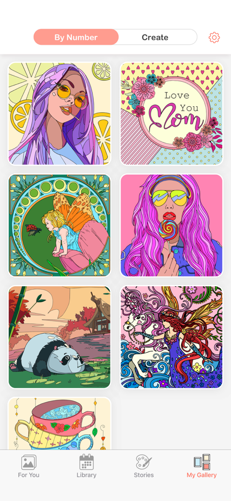 Color Fever - Color by Number - A gallery view of the Color Fever app displaying a variety of colorful digital artworks including portraits and animals.