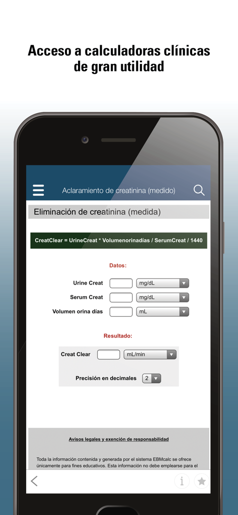 Screenshot of the Manual MSD Pro app showing a creatinine clearance clinical calculator for medical professionals
