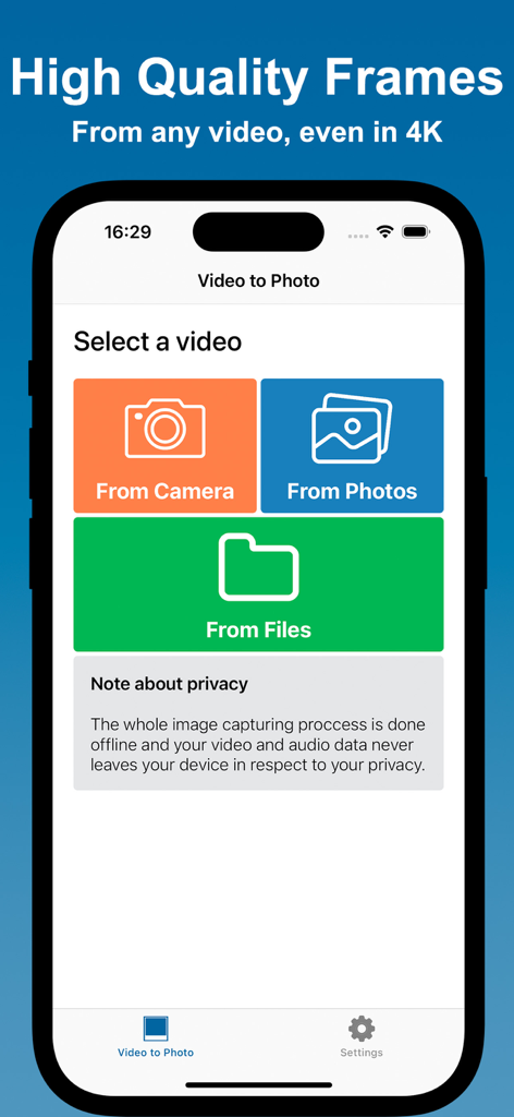 Video to Photoアプリのインターフェース。高品質フレーム抽出のために、カメラ、写真、またはファイルから動画を選択するオプションが表示されています。