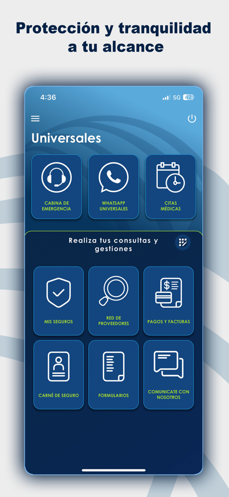 Seguros Universales - Panel principal de la aplicación Seguros Universales mostrando opciones de citas médicas y pólizas de seguro en español