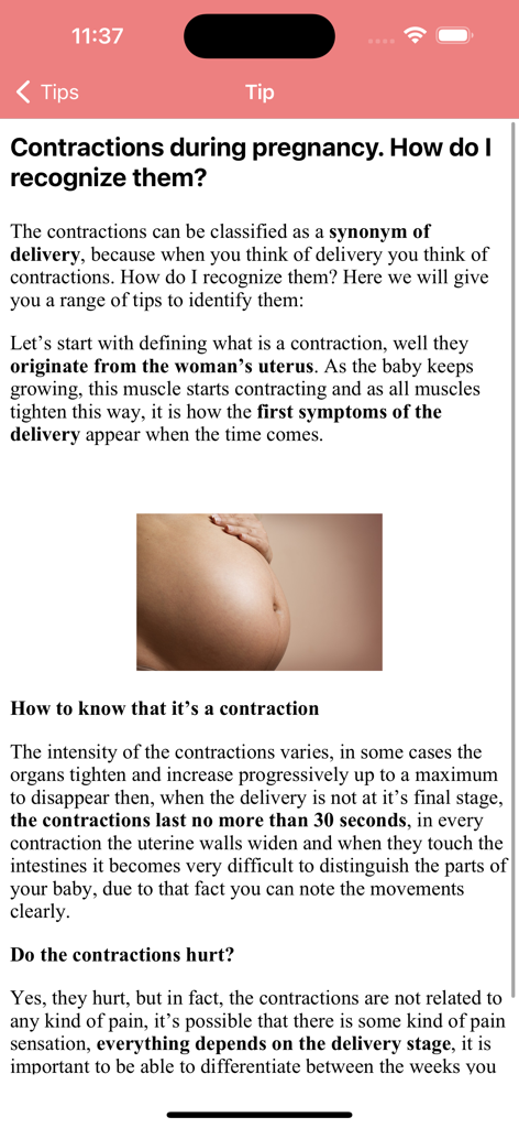 Educational article within the app explaining how to recognize labor contractions during pregnancy