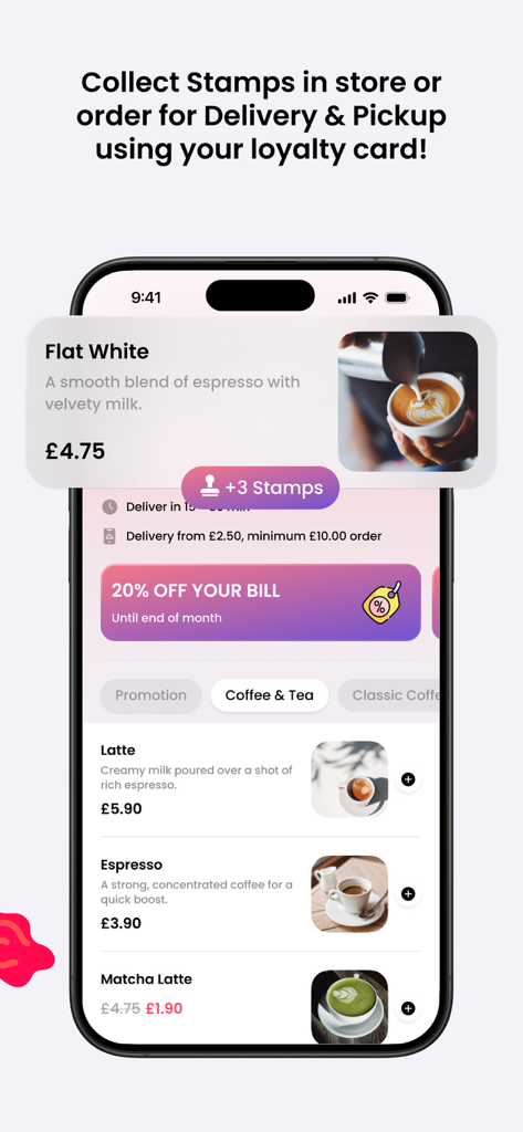Interfaccia dell'app Embargo Wallet che mostra il menu del caffè e i timbri fedeltà per le ricompense