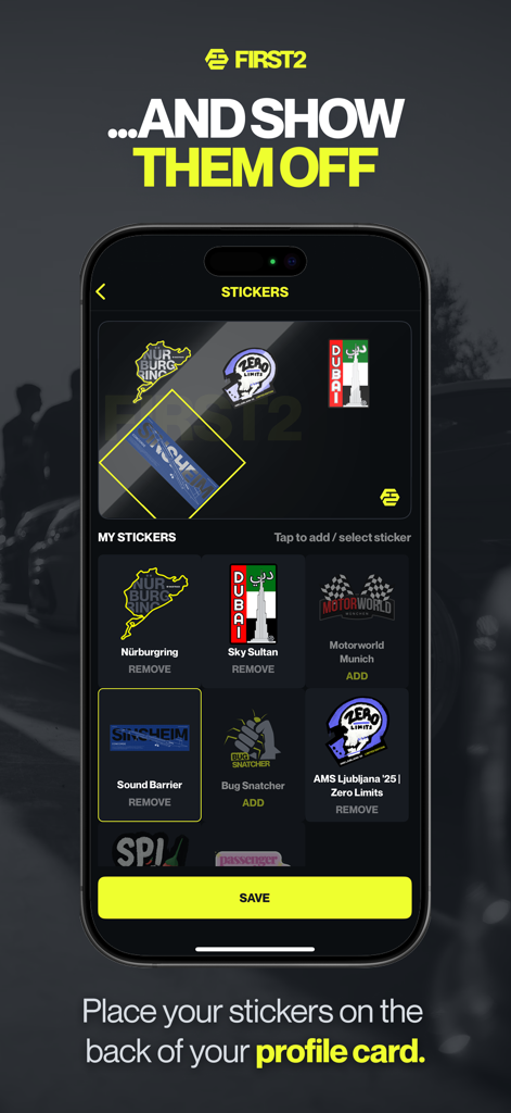A mobile screen showing a collection of digital stickers for car enthusiasts to customize their profile cards in the FIRST2 app.