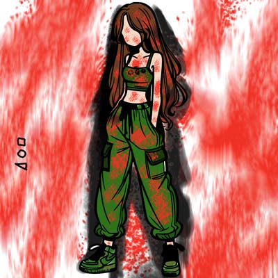 girl in baggy pants crop top and long hair