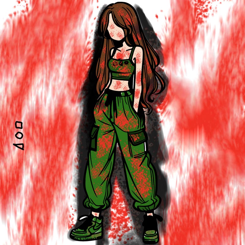 girl in baggy pants crop top and long hair