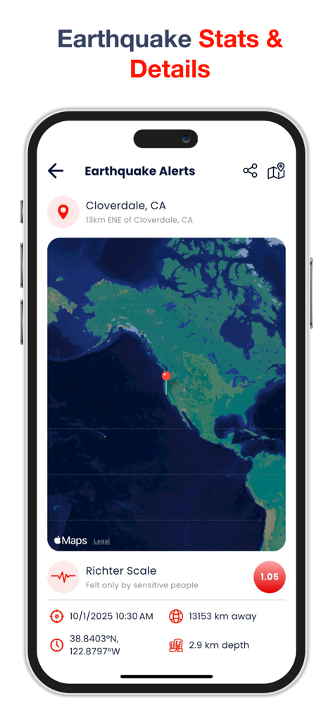 My Earthquake - alerts and map - Tela de smartphone mostrando alertas e estatísticas de terremoto, incluindo um mapa e detalhes da escala Richter para Cloverdale, Califórnia.