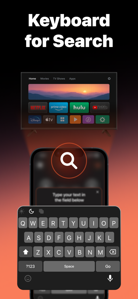 Smart TV universal remote app featuring an iPhone keyboard for easy content searching