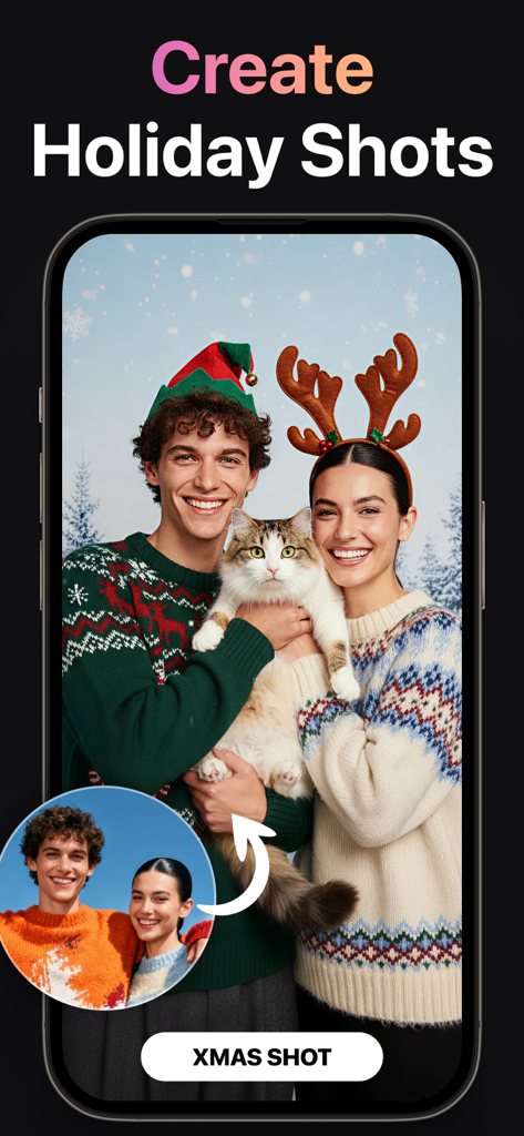 AI Video Generator + Creator - AI generated holiday photo featuring a couple with a cat in festive Christmas attire