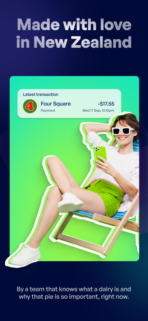 Emerge: Money Made Easy - Emerge app marketing screen showing a transaction notification for a local NZ shop and a woman relaxing in a deck chair