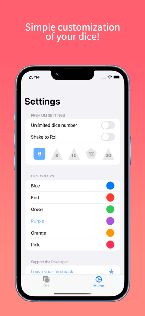 Simple Dice Roll! - Pantalla de configuración para la aplicación Simple Dice Roll mostrando la selección del tipo de dado y las opciones de personalización de color