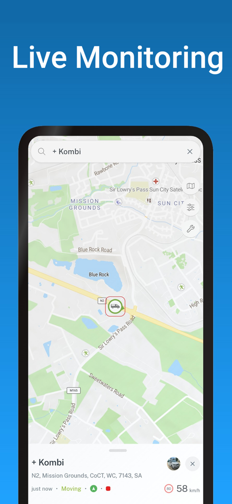 GPS Monitor Plus app interface showing live vehicle tracking and real-time speed on a map.