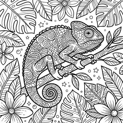 Embark on a creative journey with this charming Zentangle chameleon coloring page, specially crafted for kids. Its delightful details and tropical setting promise hours of engaging artistic expression.