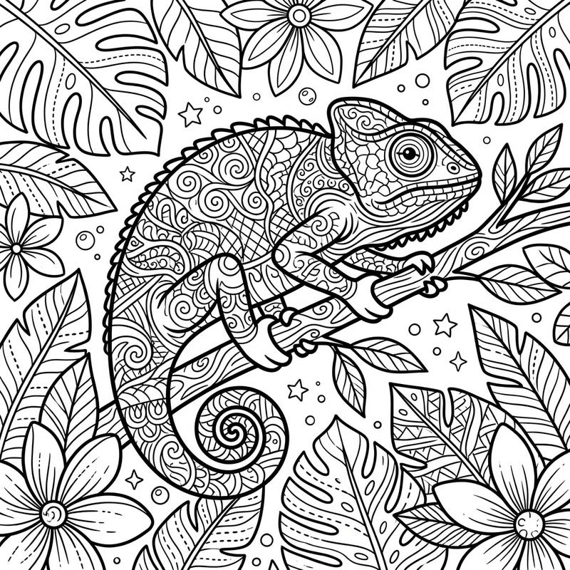 Embark on a creative journey with this charming Zentangle chameleon coloring page, specially crafted for kids. Its delightful details and tropical setting promise hours of engaging artistic expression.
