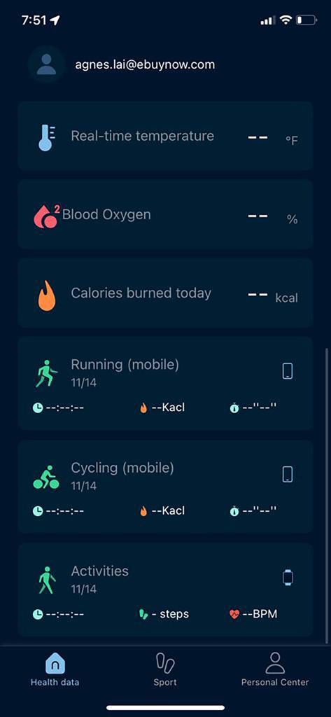 Panel de datos de salud de Moto Watch Lite que muestra temperatura, oxígeno en sangre, calorías y registros de actividad