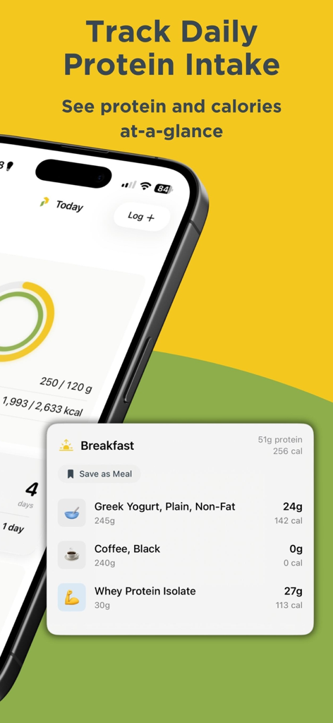 iPhone에 Proteinful 앱 화면이 표시되어 일일 단백질 섭취 목표와 상세한 아침 식사 식품 기록을 보여줍니다.