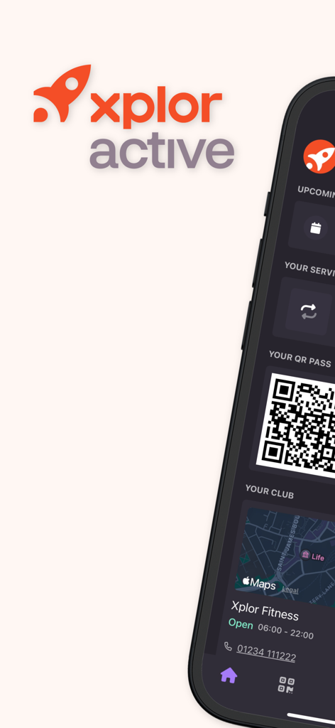 Xplor Active - Interface do aplicativo móvel Xplor Active mostrando um código QR para entrada na academia e detalhes do clube