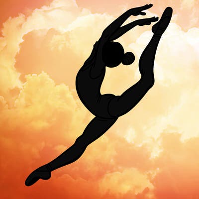 gymnast doing a leap in a leotard with a bent back leg