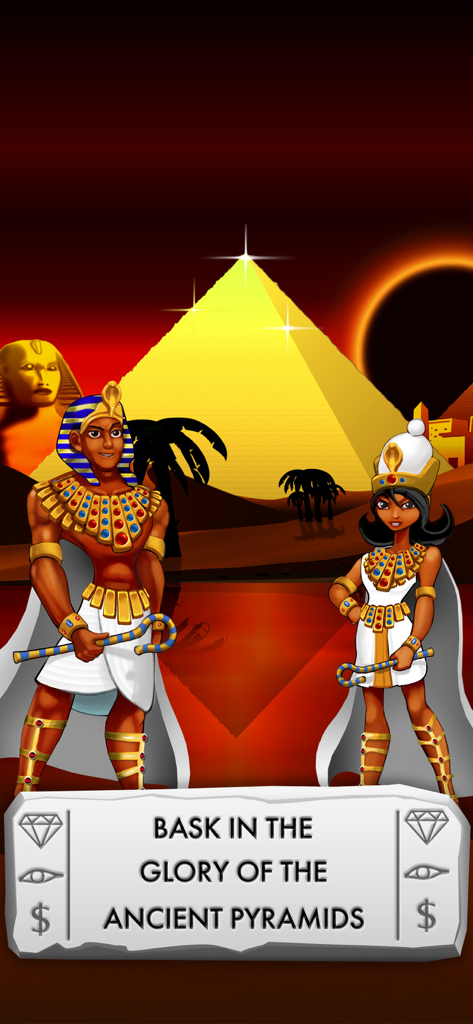 Pyramid Solitaire Royal Gold - Dos personajes egipcios de pie frente a una pirámide dorada brillante y una esfinge