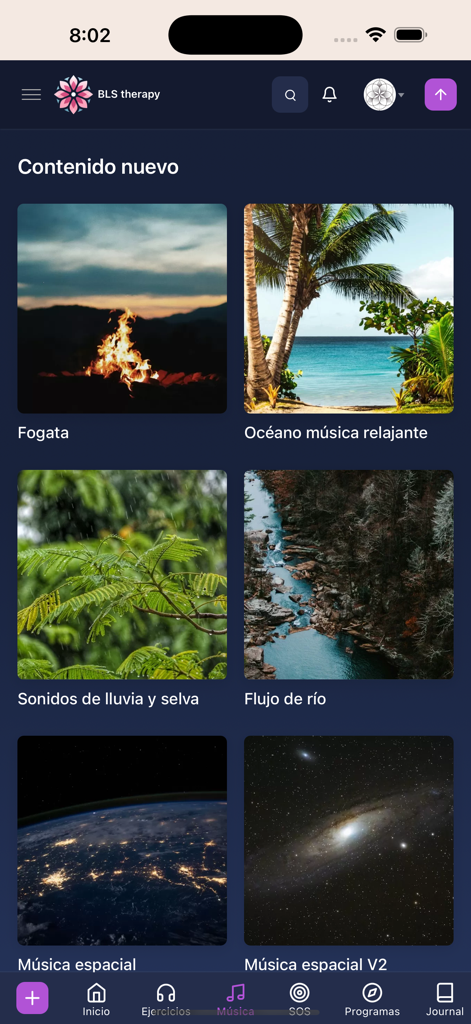 BLS therapy - BLS Therapy app screen displaying a selection of nature-themed relaxation music tiles.