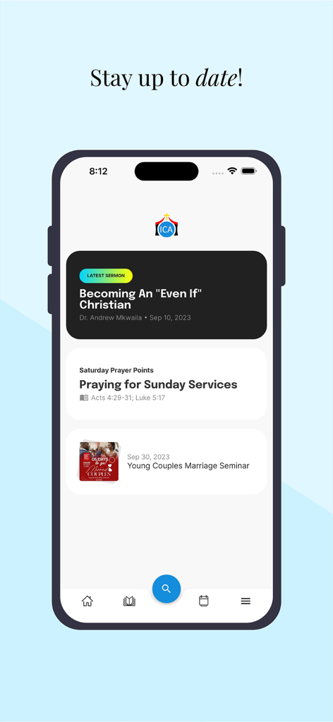 ICA APP: Online Church Portal - ICA Church Portal app interface displaying the latest sermon and upcoming community events.