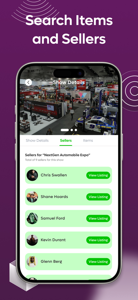 The FoundIt App - Tela de smartphone mostrando uma lista de vendedores de eventos com botões para ver suas listas no aplicativo FoundIt