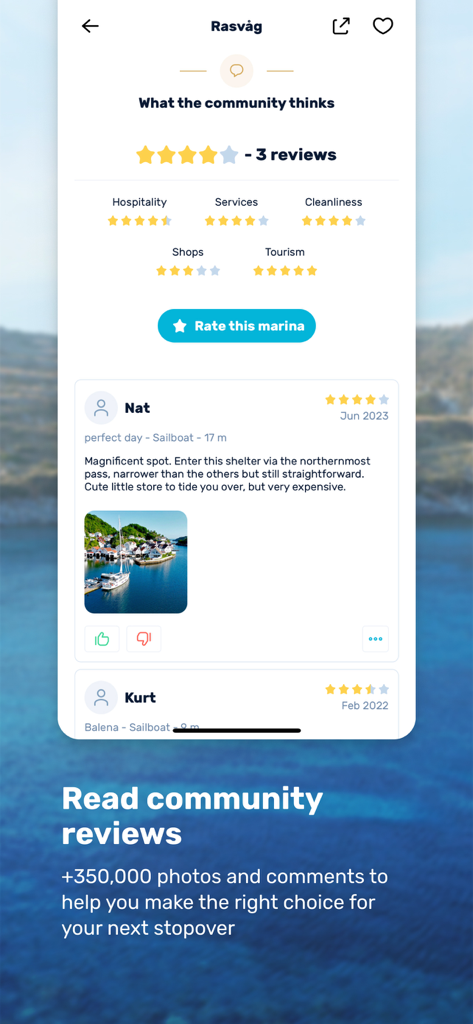 Screenshot of Navily app displaying marina ratings and user reviews with photos