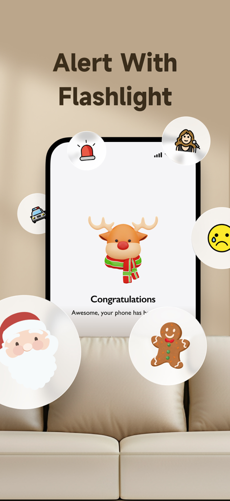 Clap Finder: Find My Device - Pantalla de smartphone que muestra la función de alerta de linterna de la aplicación Clap Finder con iconos temáticos festivos.